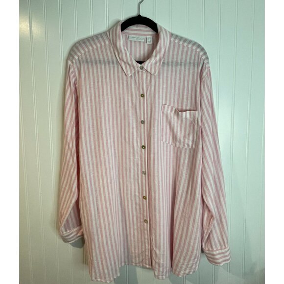 Susan Graver Luxe Pink & White Striped Linen Blend Button-Down Shirt Size Large - Picture 1 of 12